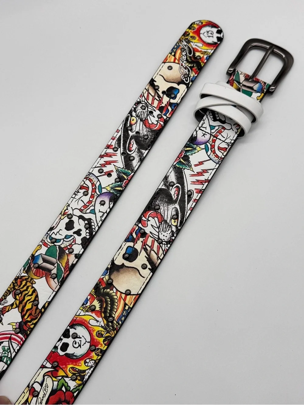 Ed Hardy Tattoo Print Studded Belt White All Over Skull Tiger Vegan Leather 32